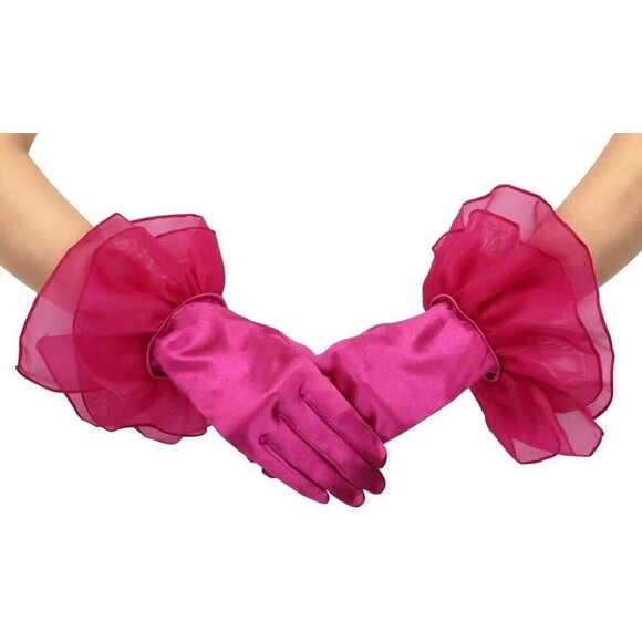 Accessories - Women's Ruffled Evening Fuchsia Short Satin Formal Gloves Costume Accessories
